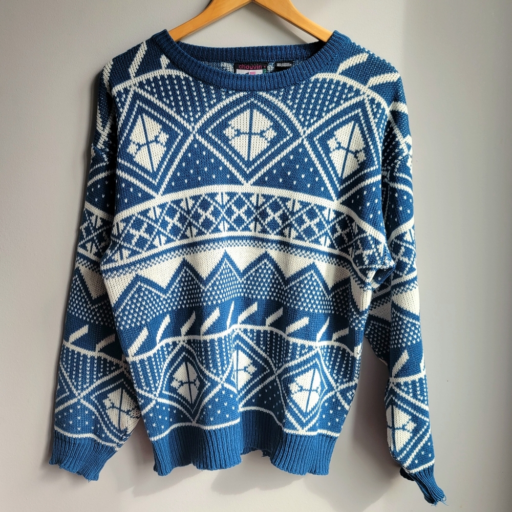 CHAUVIN | Blue and White Geometric Sweater